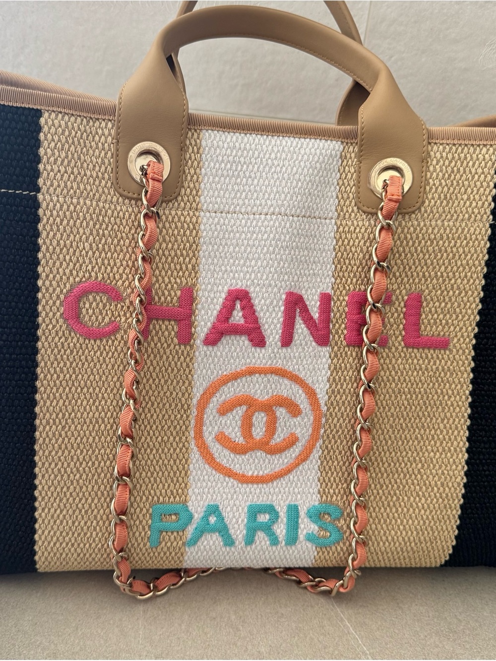 CHANEL Multicolor Deauville Large Straw Tote with Coral Chain Handles
